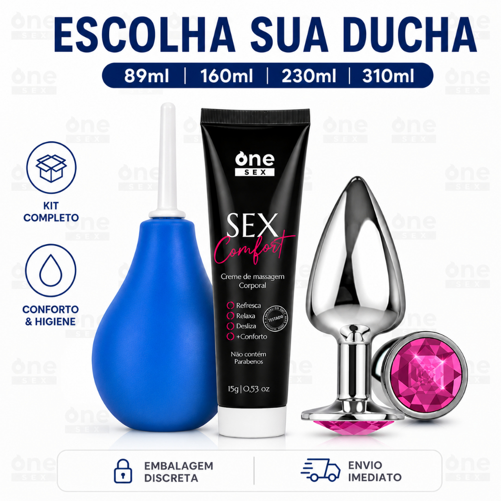 Kit Plug Anal Pequeno + Ducha Higiênica Chuca Anal + Gel Lubrificante Anal Sex Comfort - One Sex