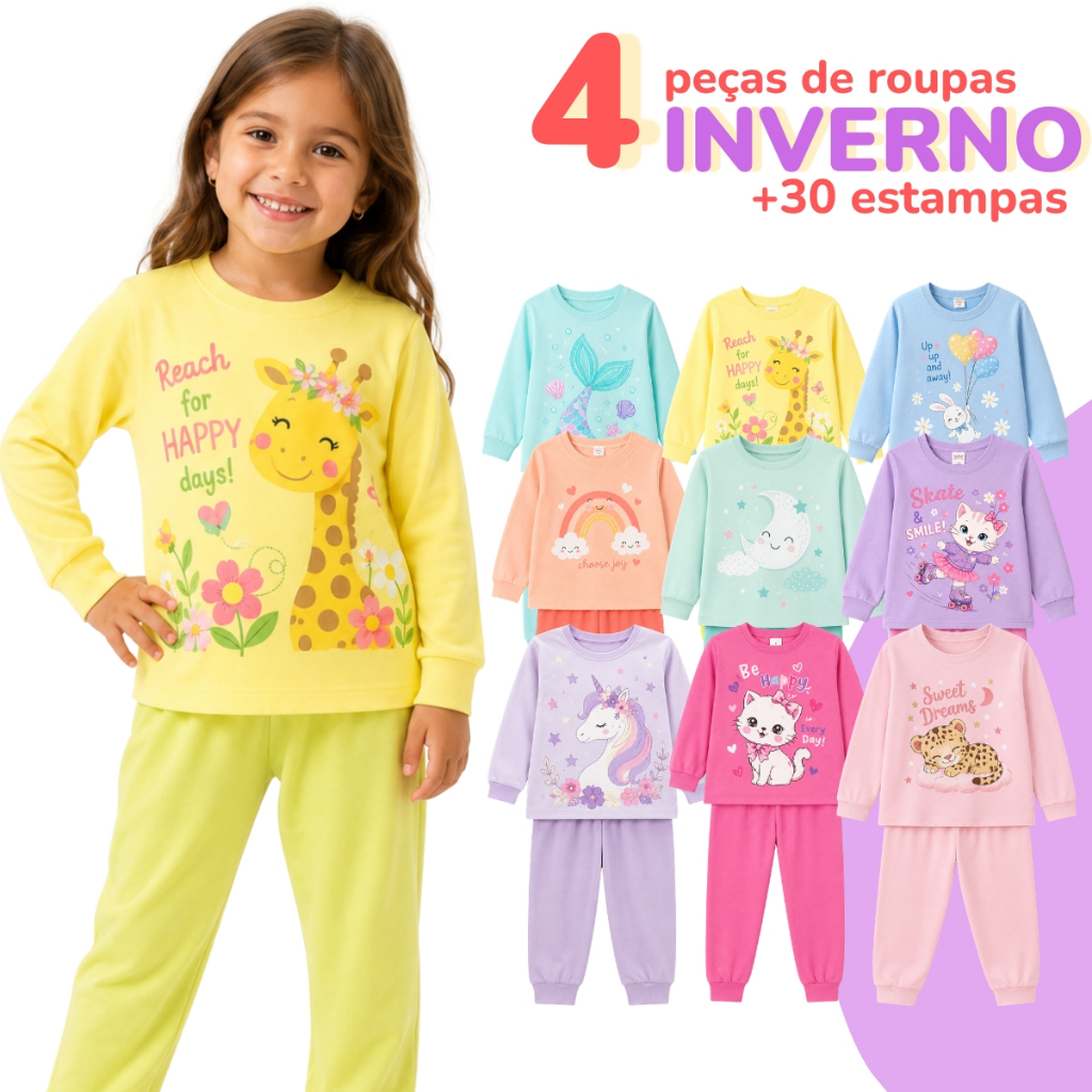 Kit 4 Peças Conjunto Moletom Infantil Inverno Sortido Menina Estampado e Liso (2 conjuntos)