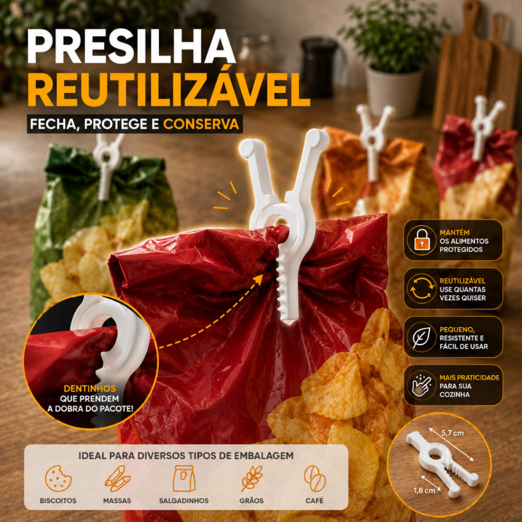 Kit Prendedor de Embalagem para Cozinha Presilha Seladora Reutilizável Fecha Pacotes