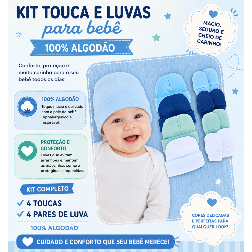 Kit 4 Touca e 4 Luva Para Bebê Recém Nascido 100% Algodão Antialérgico Maternidade Enxoval Gestante