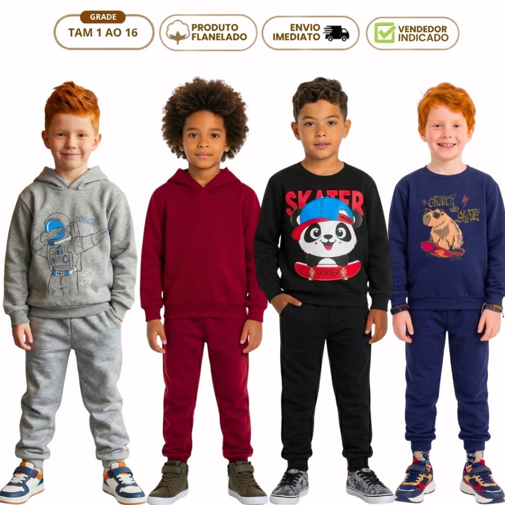 Kit 3 Conjunto Infantil Menino Inverno Blusa Moletom Agasalho e Calça Flanelada Forrada com Punho Quente 1 ao 16 anos
