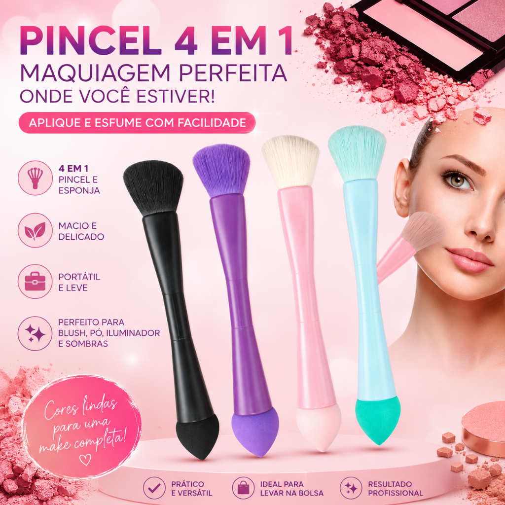 Quatro pincéis de maquiagem 4 em 1 nas cores preto, roxo, rosa e azul claro, exibidos ao lado de uma modelo e produtos de maquiagem em um fundo rosa.
