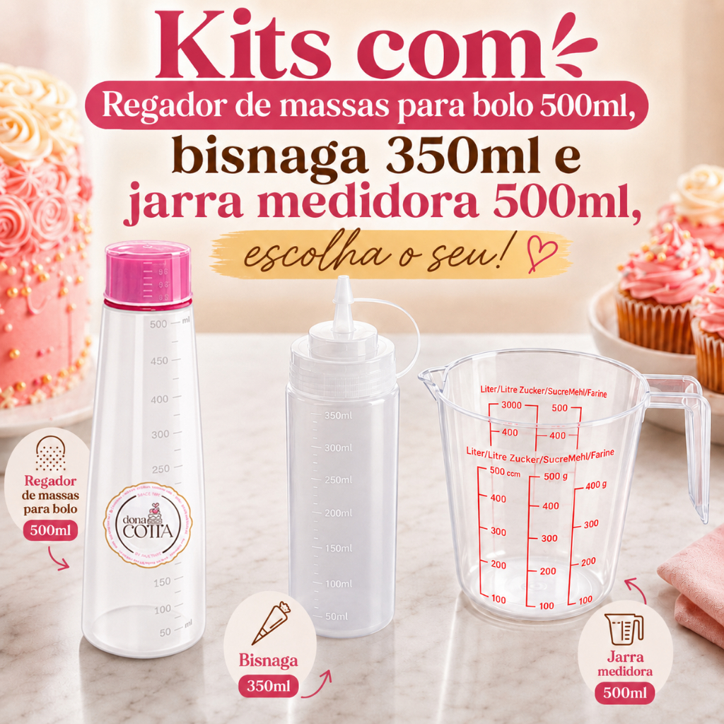 Kits com Regador Umedecedor de Massas 350ml Jarra Medidora 500ml Bisnaga 350ml Para Confeitaria Bolo