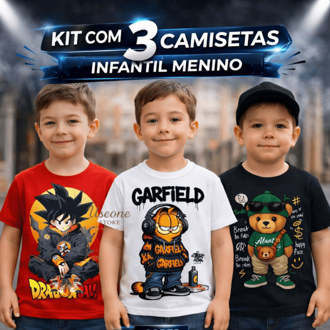KIT 3 camisetas juvenil infantil masculina personagens camisa 100%algodão,estampadas básica promoção