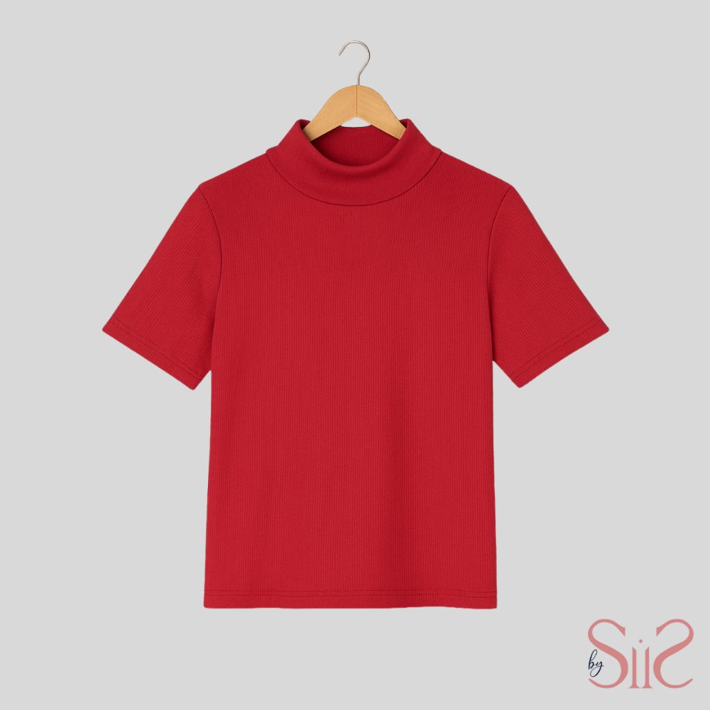 Blusa Gola Alta Básica Casual  Manga Curta Malha Canelada Meia Estação 100% Algodão Ribana Tendencia Estilosa Compor Loo