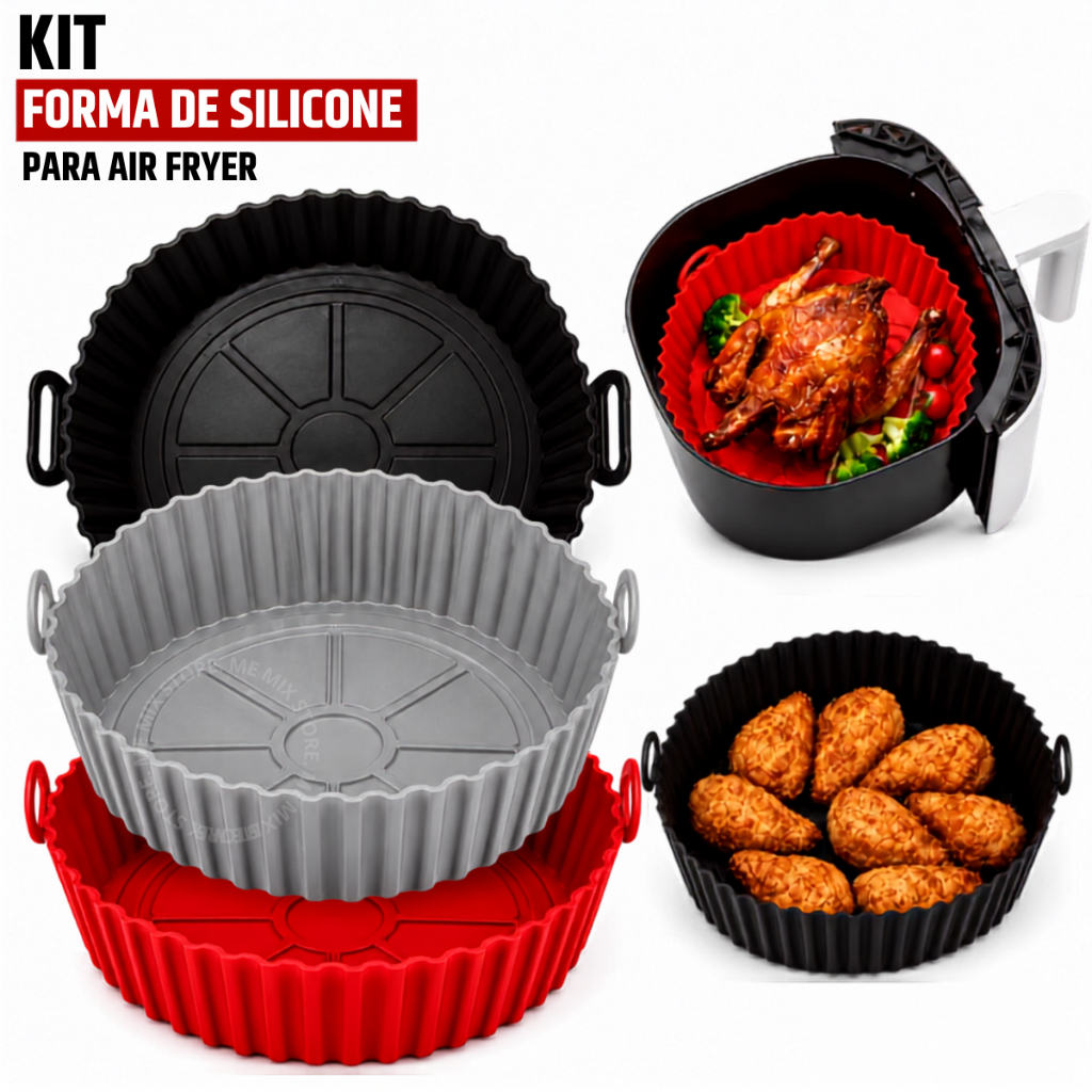 Kit 1/2/3 Forma De Silicone 20CM Air Fryer Forno Microondas Assadeira Reutilizável Antiaderente