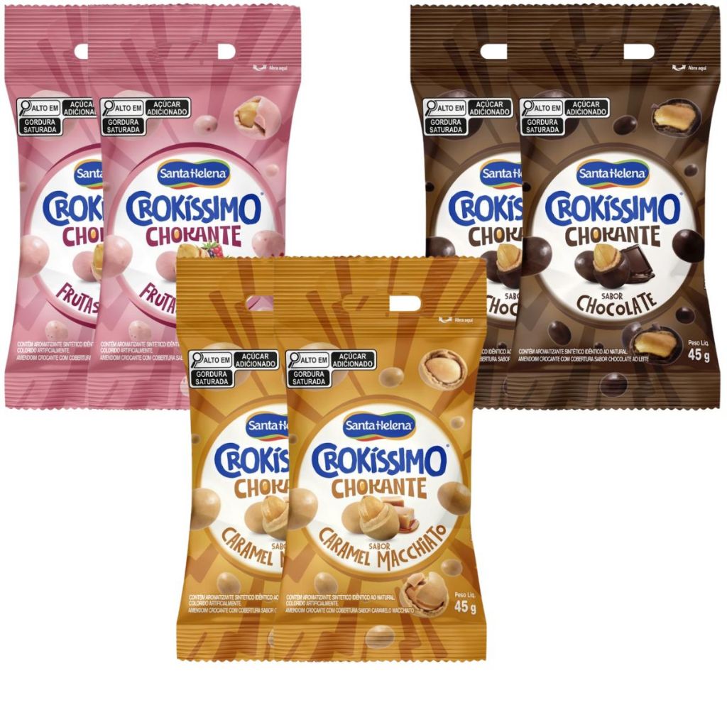 Kit 2un Crokíssimo Amendoim 45g: Caramel Macchiato + Chocolate + Frutas Vermelhas