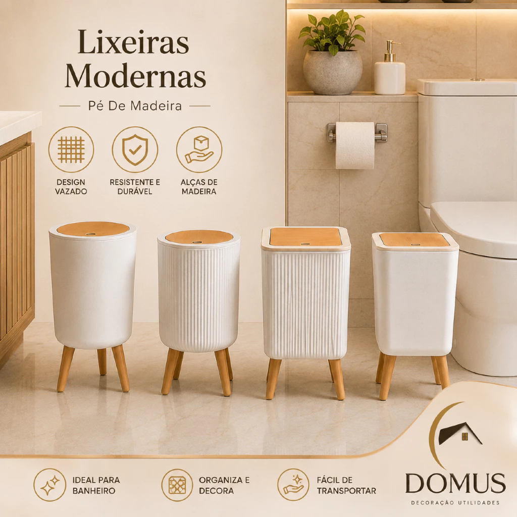 Lixeira Pé de Madeira Com Tampa de Pressão Moderna Chic Penteadeira/Escritório/Banheiro — imagem 1