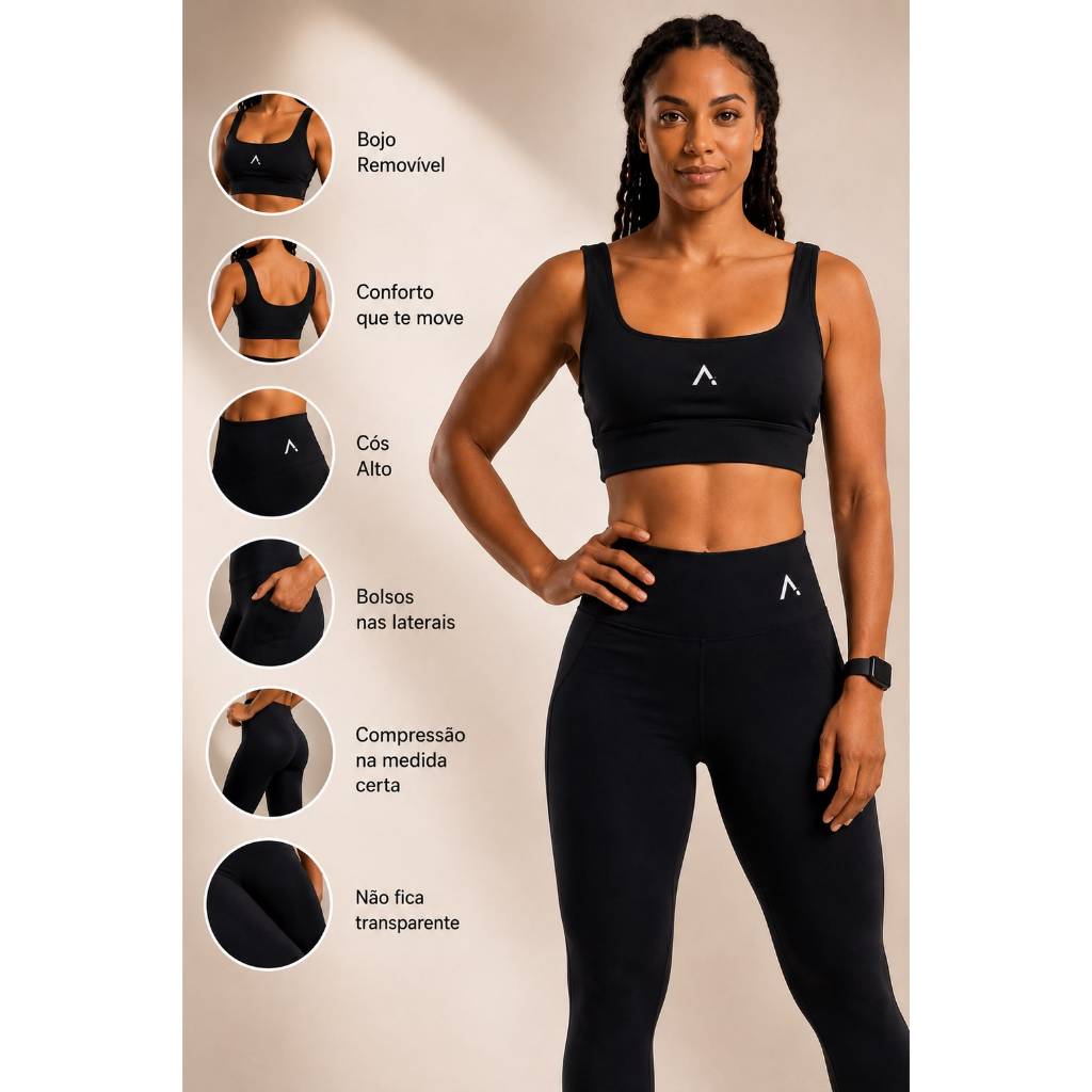 Conjunto Fitness Academia/Corrida Top Alça larga + Calça Bolso Zero Transparência Cintura Alta Alta Compressão