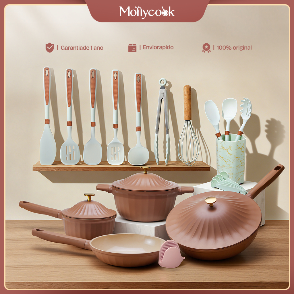 Mollycook Jogo Panelas Kit 12/17 Peças Alumínio Antiaderente Revestimento Cerâmico Indução Gás