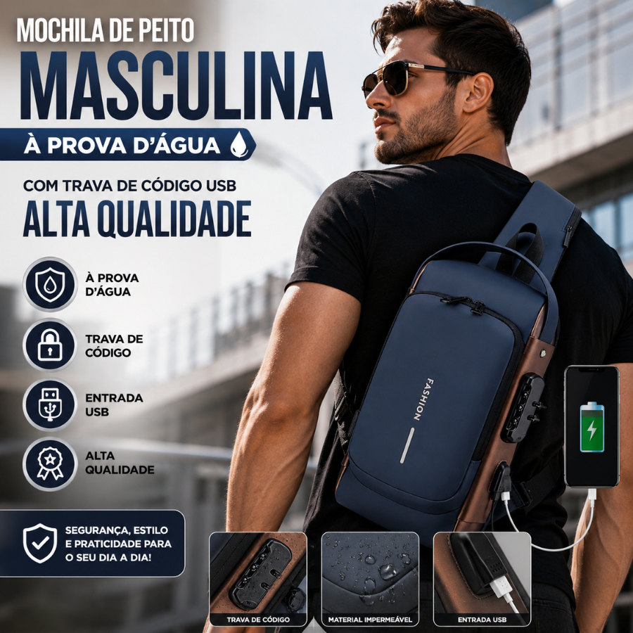 Mochila de Ombro Transversal Compacta Unilateral USB Trava de Código Resistente água