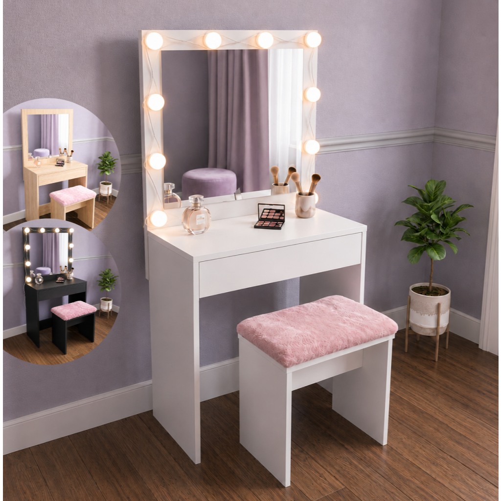 Penteadeira Camarim Banco Rosa Claro Led Com Variações e Espelho 50cm x 50cm Material Em MDF Sofie M