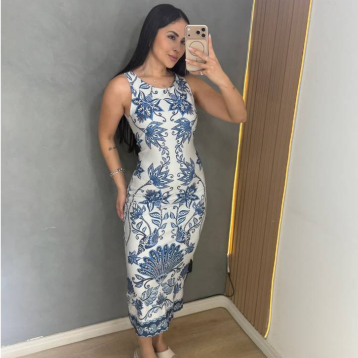 Vestido Feminino Midi Estampado Casual Elegante Moda Verão