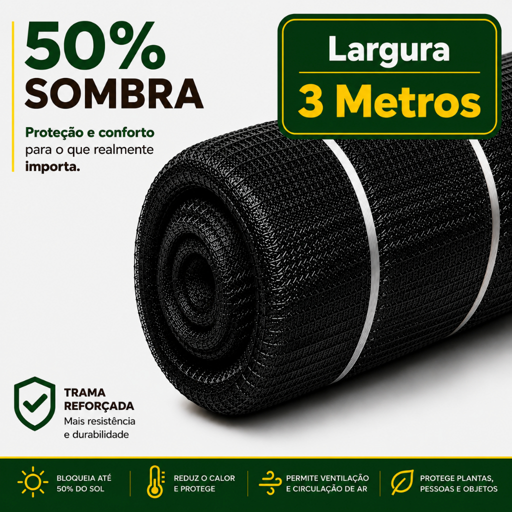 Tela Sombrite Sombreamento 50% - Largura 3 Metros Escolha sua Medida - Estufa Viveiro Orquidario Cultivo Hortalica