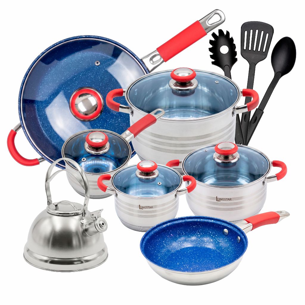 Jogo de Panelas Genebra 16 Peças Em Aço Inox Com Acabamento Silicone 2 Frigideiras Marmorizadas Antiaderente