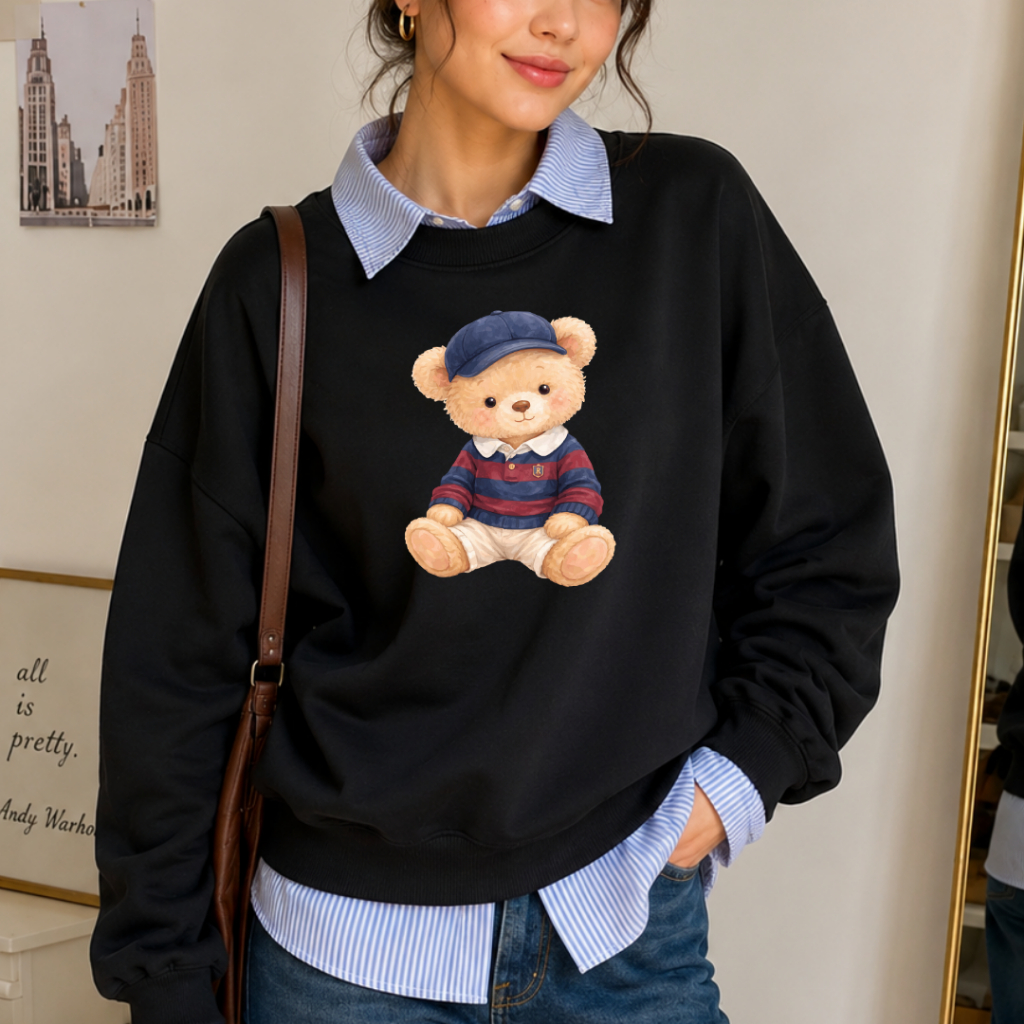 Moletom Feminino Oversized Algodão Flanelado Sem Capuz Urso Bear Blusa Frio Gola Punho Barra em Ribana Casual — imagem 2 de 2