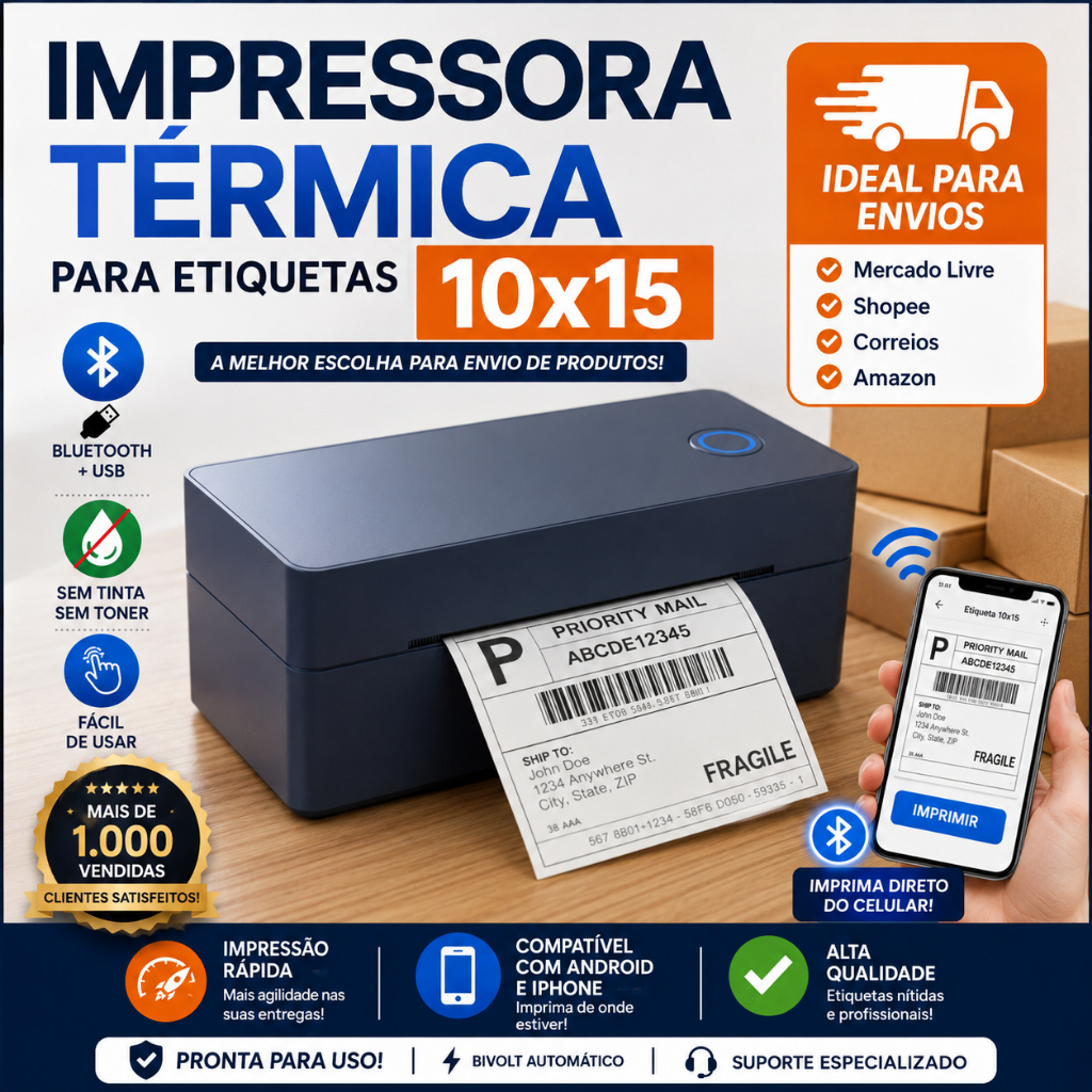 Impressora Termica de Etiquetas 100x15 Bluetooth 4x6 Para Shopee Mercado Livre Correios Compatível com PC e Celular