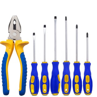Kit Jogo De Chaves De Fenda Phillips Com 6 Peças Imantadas Ponta Magnética + Alicate Universal 8 Polegadas Profissional