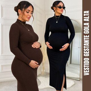 Kit 2 Vestido Feminio Gestante mid Grávida Canelado Confortavel Fenda Longo frio