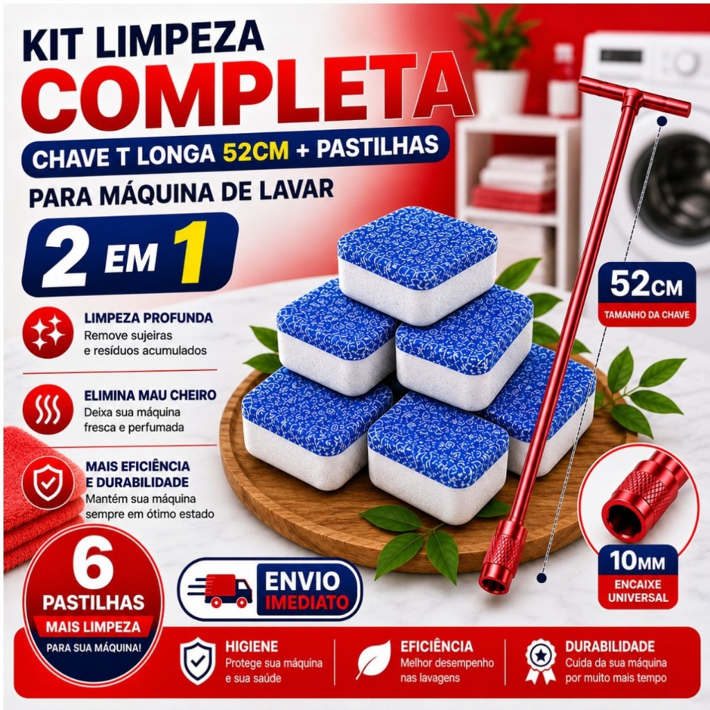 Kit Completo Limpeza Máquina de Lavar Universal – Chave T 62cm 10MM + Pastilhas Efervescentes