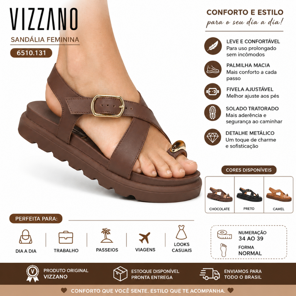 Sandália Feminina Vizzano Papete 6510.131 Flatform Tratorada Original Confortável Dedo Fivela Ajustável