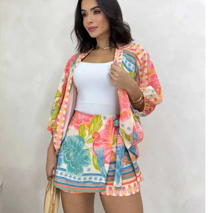 Conjunto Feminino Kimono e Short Estampado Verão Moda Blogueira Casual Elegante Tendência