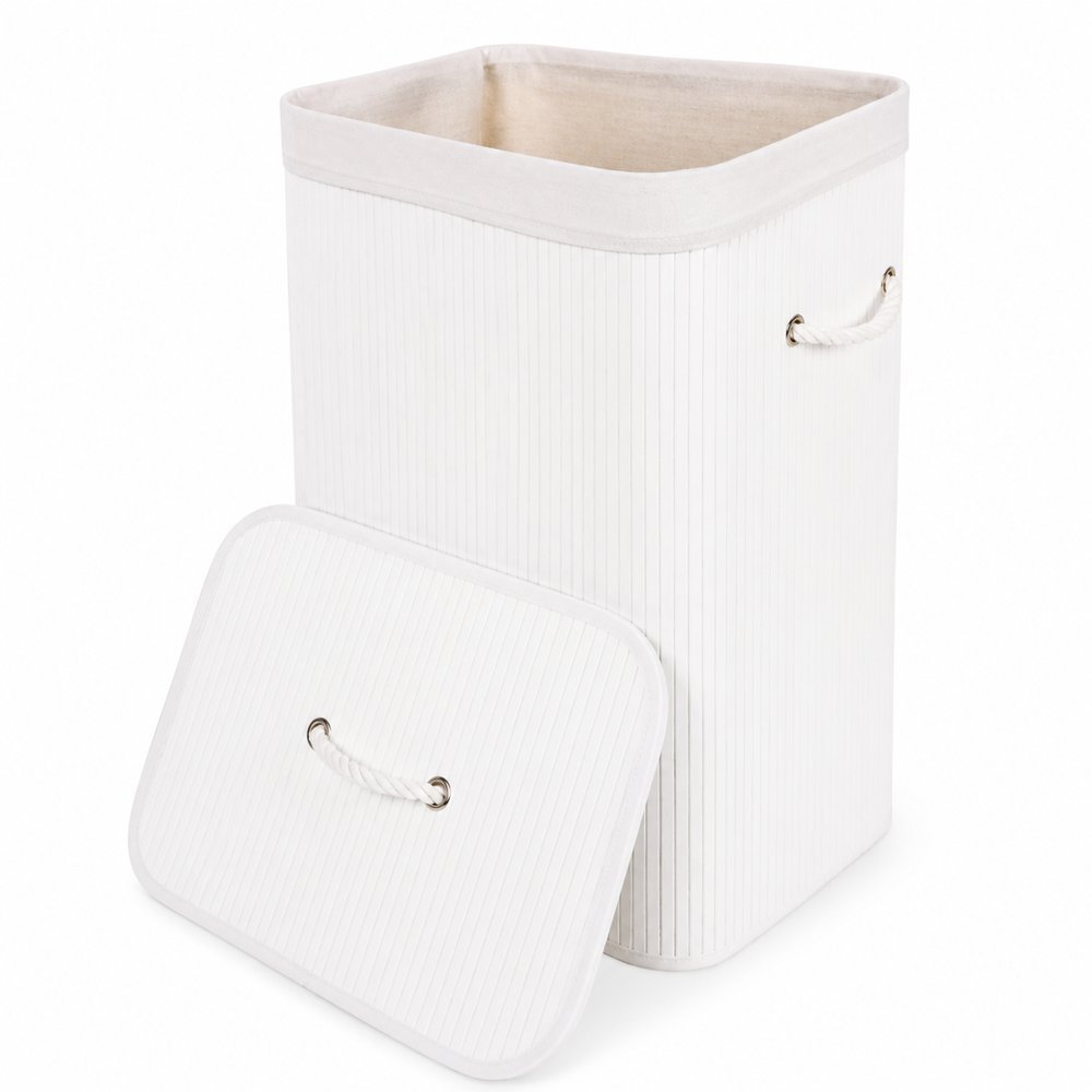 Cesto de Bambu Tampa Alças 70L Organizador Roupa  Suja Dobrável Branco  Lavanderia Cesto Organizador