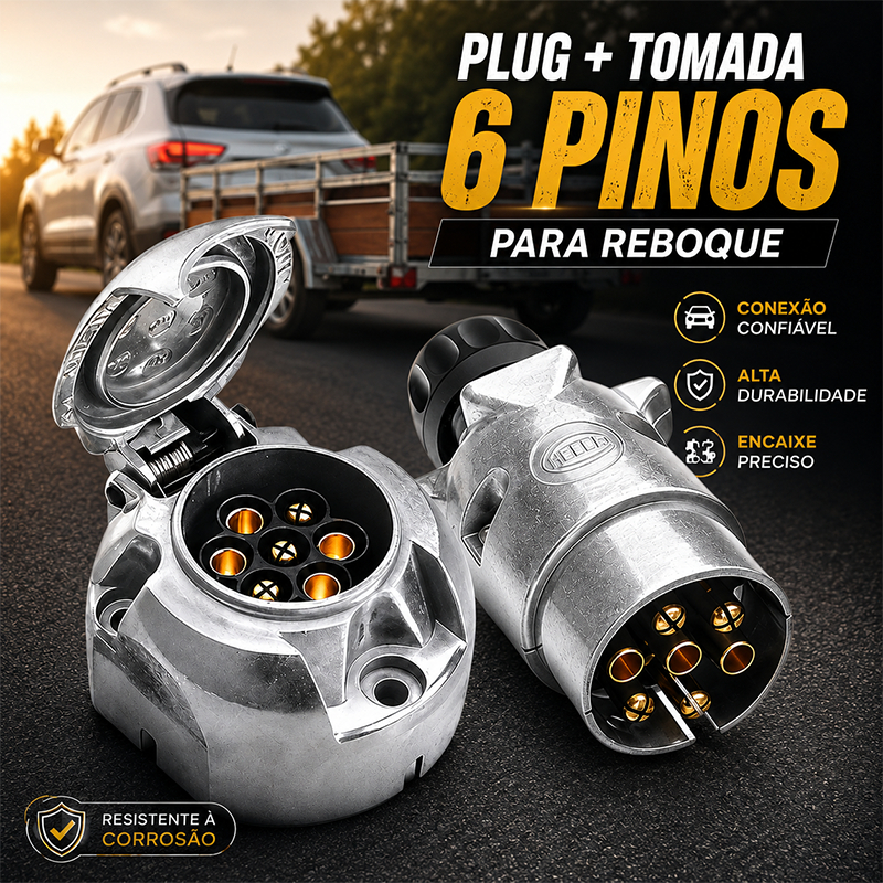 Kit Tomada Macho e Fêmea para Reboque/Carretinha - 6 Pinos - Conector Elétrico para Engate Cromado