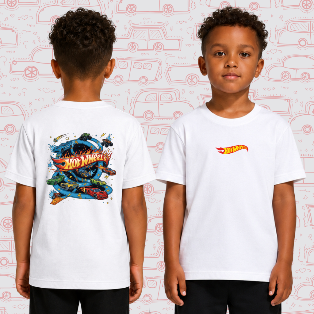 Camisa Infantil 30.1 Camiseta Crianças Hot Wheels  Estampa Frente e Verso Blusa Manga Curta Algodão Confort