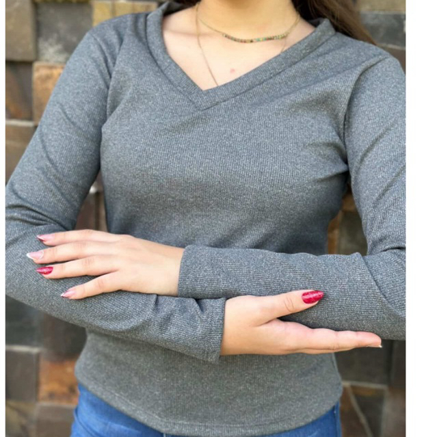 Blusa Quentinha Cacharrel Feminina Gola V Ribana Flanelada Manga Longa Térmica Canelada Qualidade Premium Segunda Pele