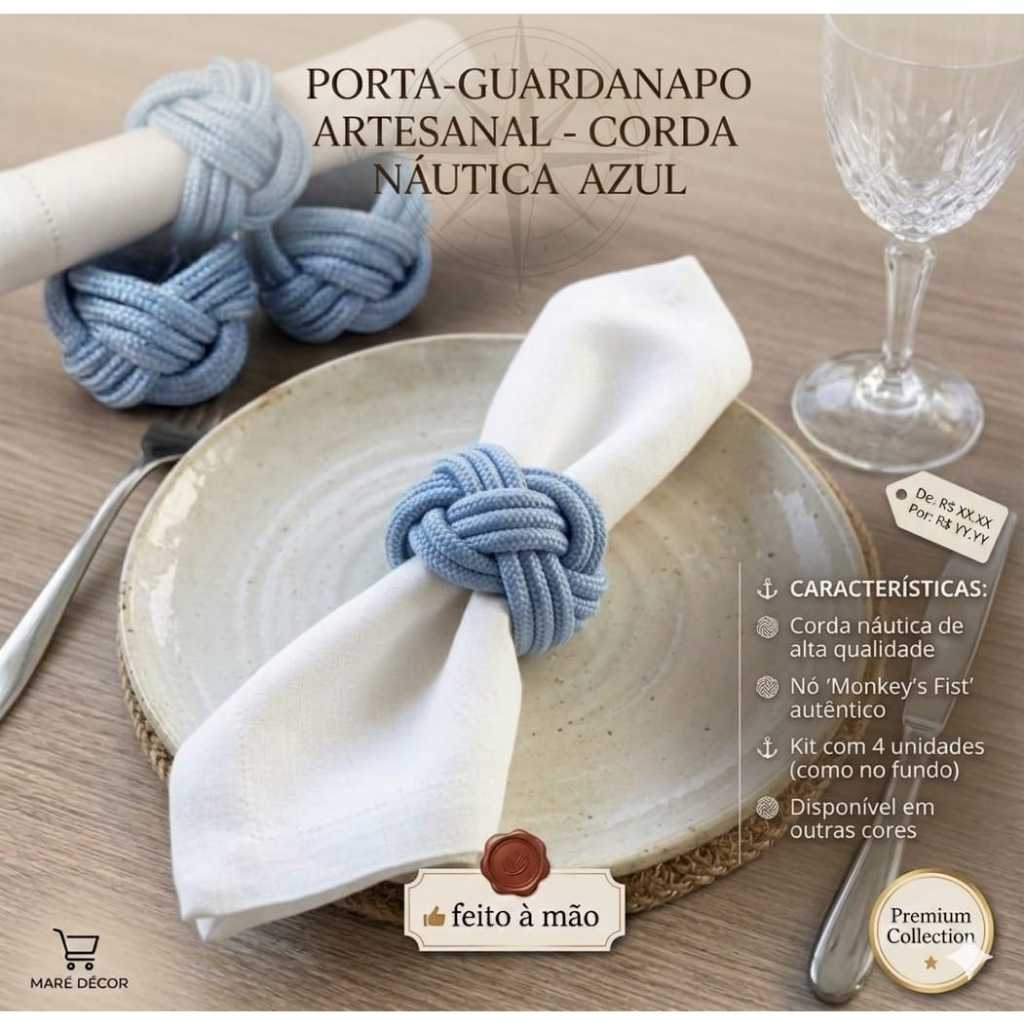 Kit Porta Guardanapos Corda Náutica Entrelaçado 3 voltas Artesanal / Mesa Posta /Anel de Guardanapos / Sousplat — imagem 2 de 2