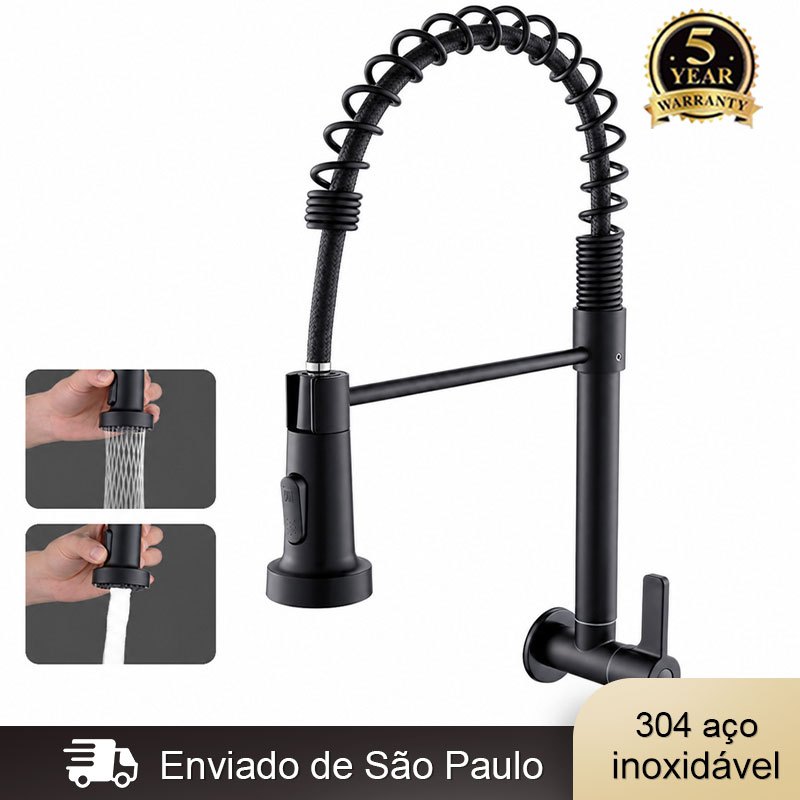 Torneira Cozinha Gourmet montada na parede preto com giro de 360° Torneiras pull
