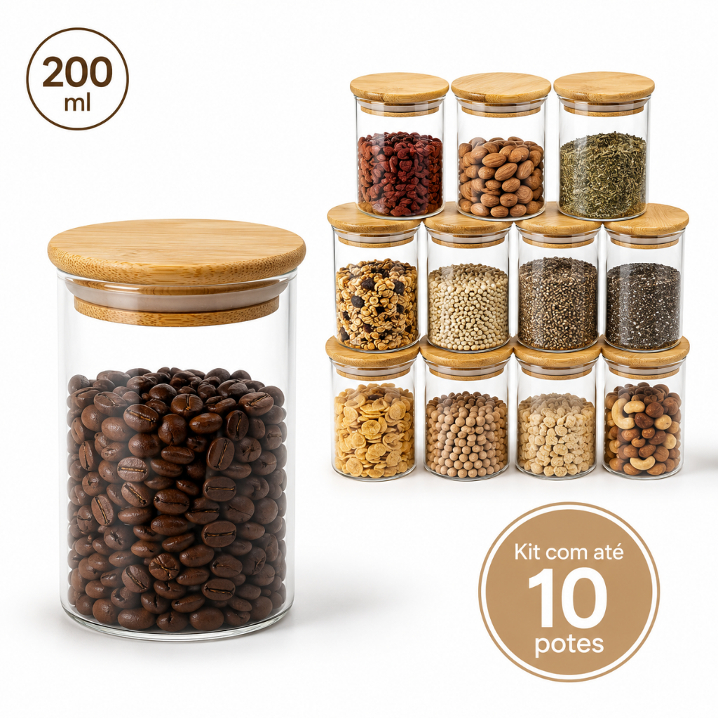 Pote de Vidro Tampa Bambu Hermético 200ml Organizador Cozinha Mantimentos Temperos Grãos Cereais