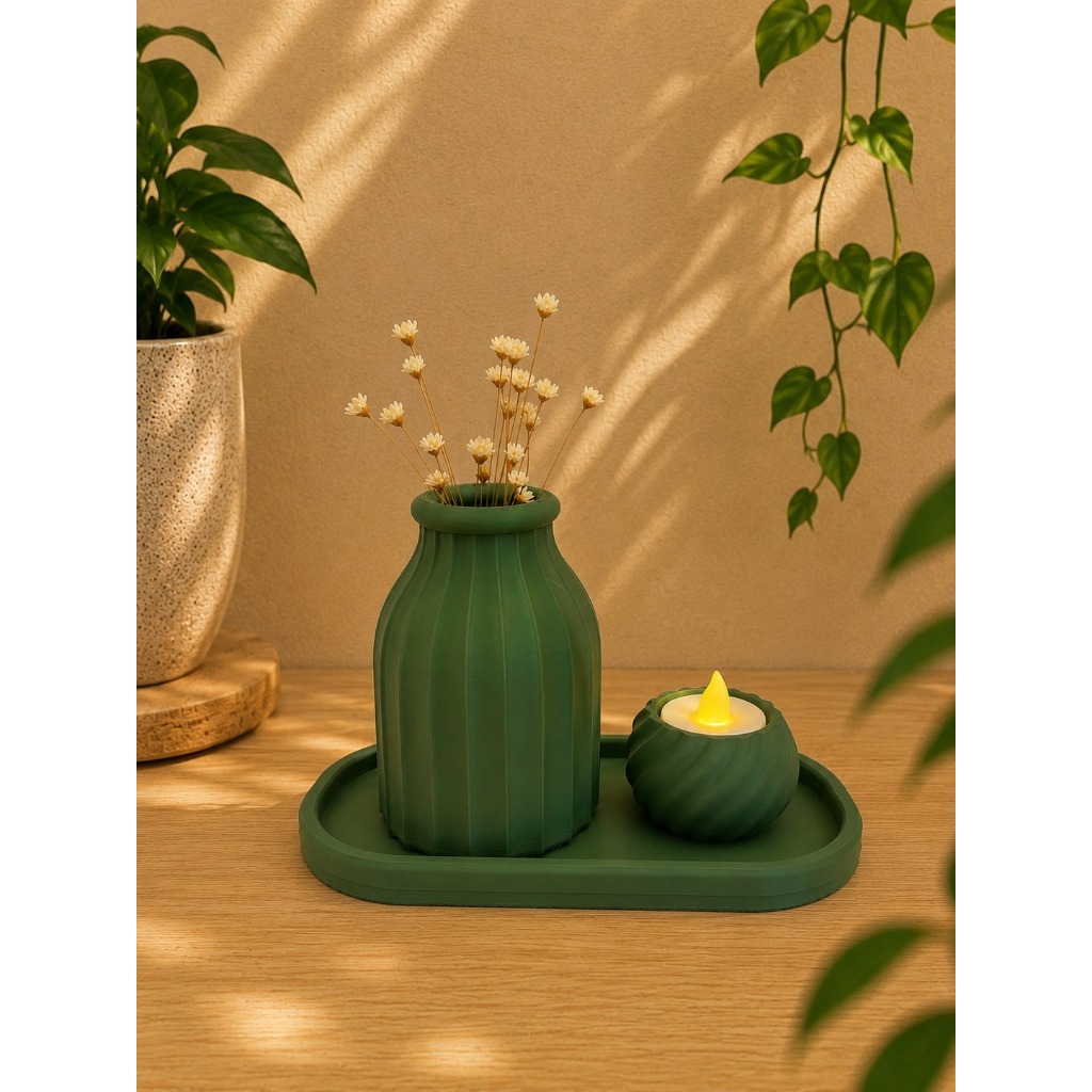 Imagem KIT VASO COM BANDEJA E VELA LED DECORAÇAO CASA VERDE OLIVA LINHA ZEN
