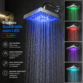Ducha LED Quadrada 6 Pol 1/2 Colorida Chuveiro Moderno para Banheiro Universal
