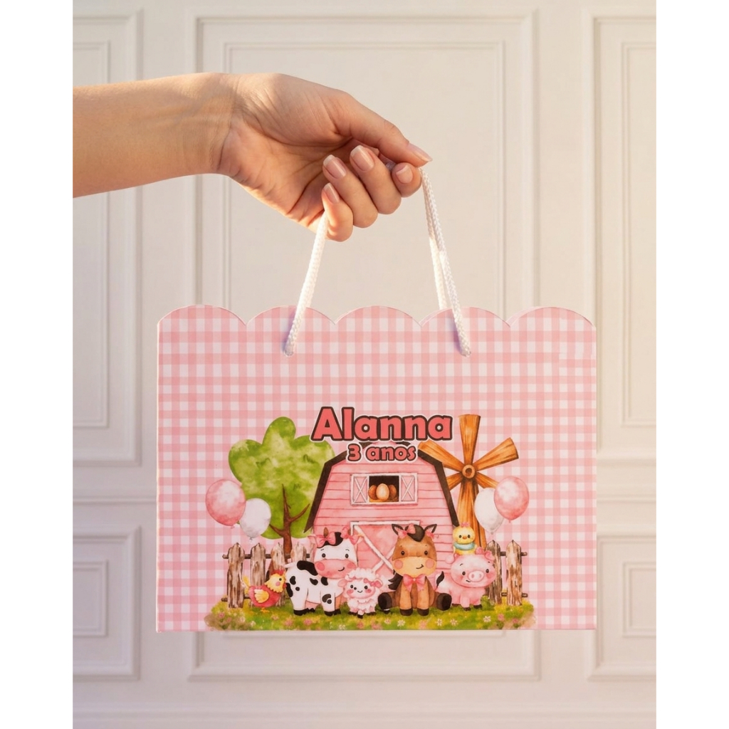 🎀 Sacolinha Personalizada FAZENDINHA ROSA- Festa Infantil Pega e Monta Lembrancinha + Nome e Idade + Diversos Temas