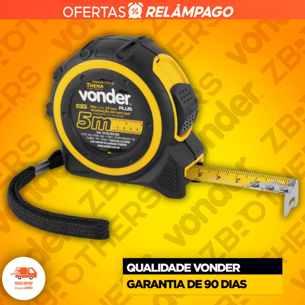 Trena de Aço 5m x 19mm Vonder Plus Com Trava e Presilha Profissional Resistente Oferta Premium
