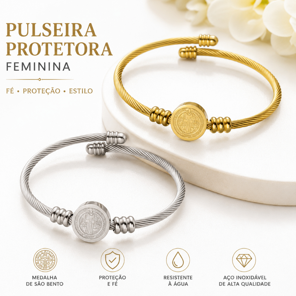 Pulseira Protetora São Bento Feminina Masculina Aço Inoxidável Prata e Dourada