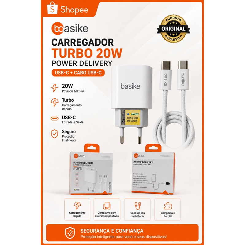 BASIKE Carregador rápido 20W PD Tipo-C Turbo Charge Sobrecarga USB-C Com cabo iP
