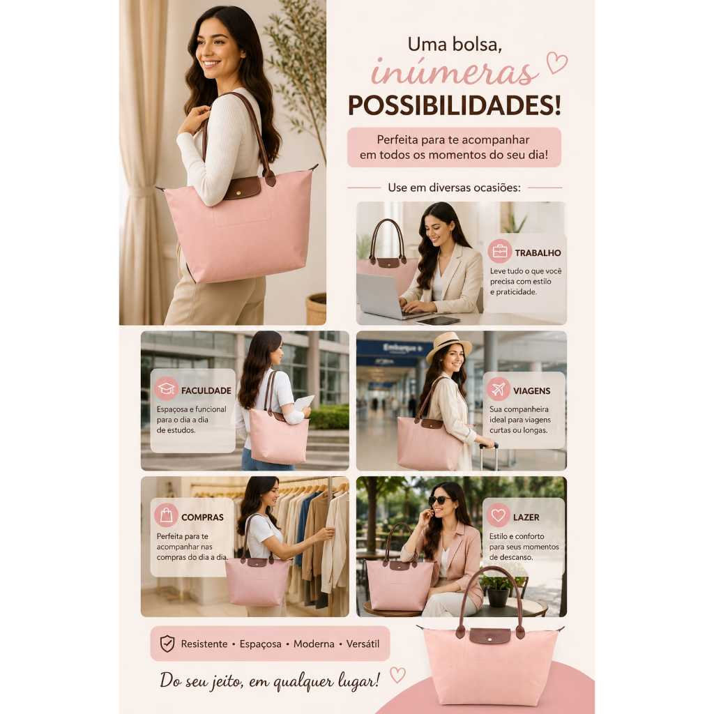 Bolsa Feminina Dobrável Tamanho Média Com Alça de Couro Sintético de Ombro