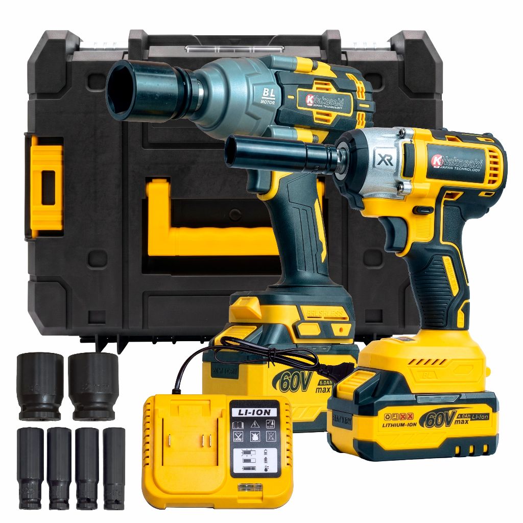 Kit Chave De Impacto Pneumatica A Bateria 60v 3/4 E 1/2 Pol Nakasaki Profissional
