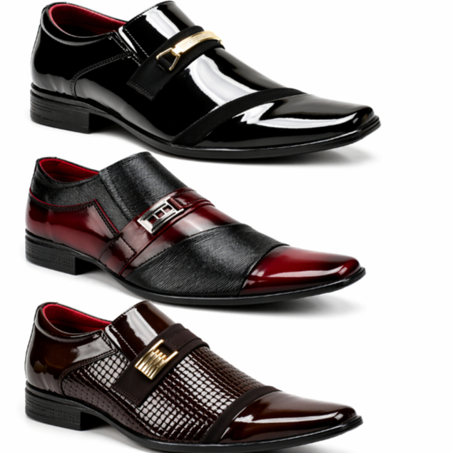 Kit 3 Pares Sapato Social Masculino Confortável Moderno Estiloso Em Verniz Acabamento Premium