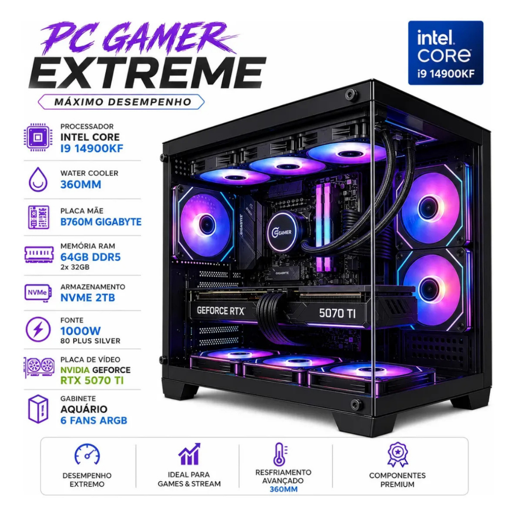 Pc Gamer Intel I9 14900kf, Water Cooler 360mm, Placa mãe B760M Wi-Fi, 64gb Ddr5,