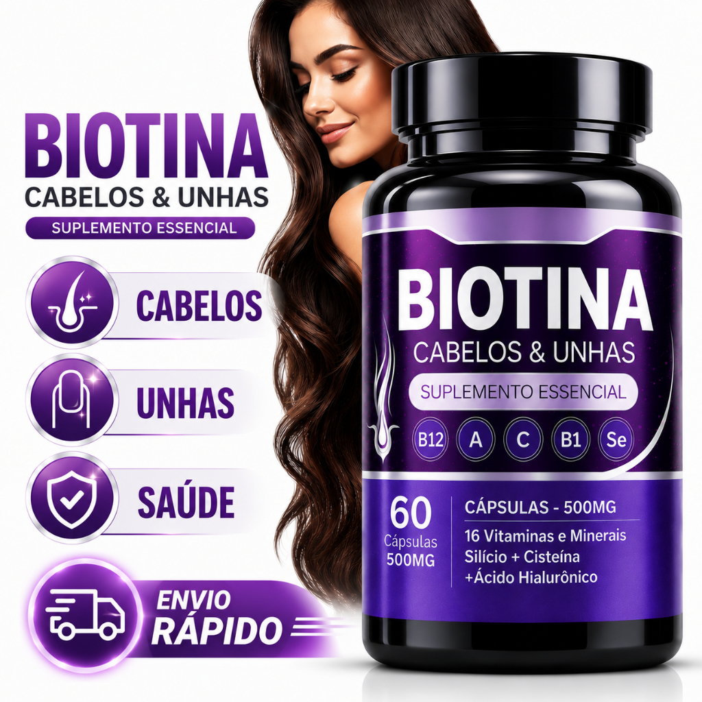Biotina Original com Ácido Hialurônico Cabelos e Unhas 100% Pura 60 Cápsulas - POTE PARA 30 DIAS USO