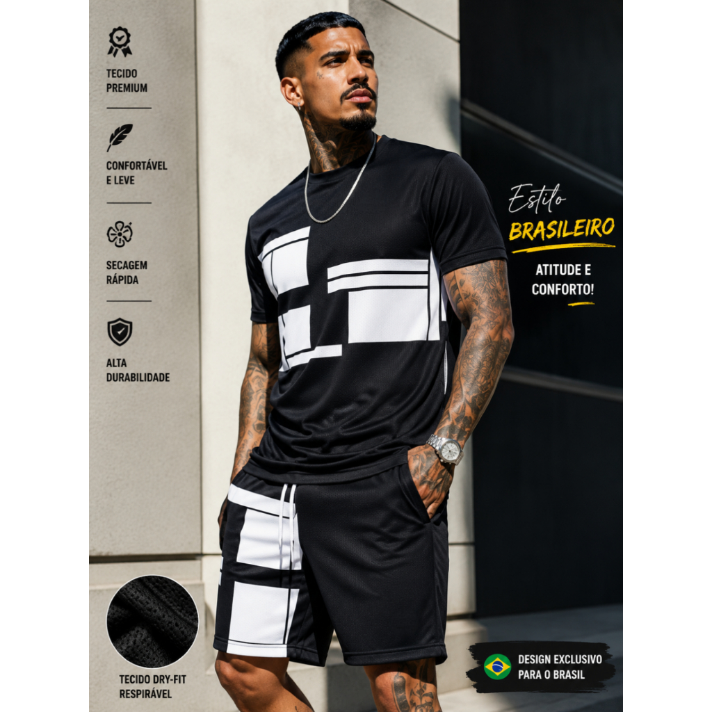 Conjunto Masculino Dry Fit Premium Camiseta + Bermuda Esportivo Casual Leve Respirável Secagem Rápida