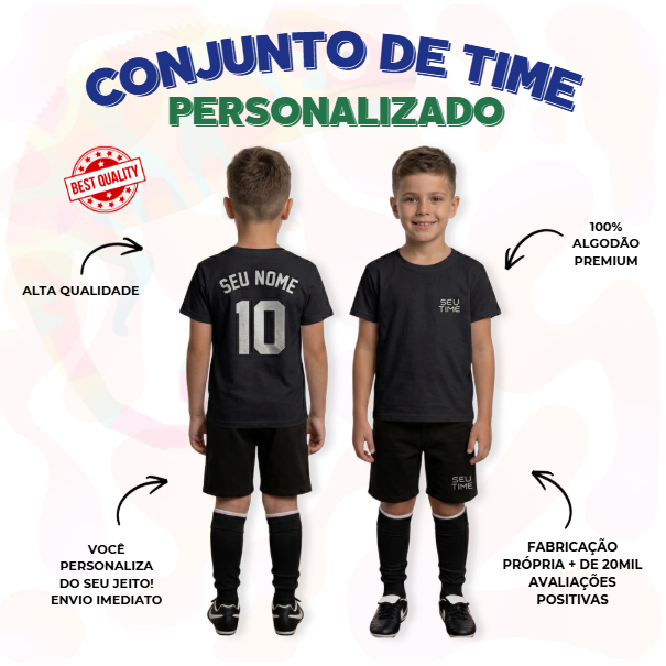 Conjunto Infantil Camisa + Bermuda Futebol Personalizado com SEU NOME + SEU BRASÃO + NUM Alta qualidade estampado