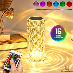 Luminária De Mesa Cristal Diamante Controle Toque Lâmpad Cabeceira Quarto Com Controle Remoto 16 Cores Luz LED Projeção