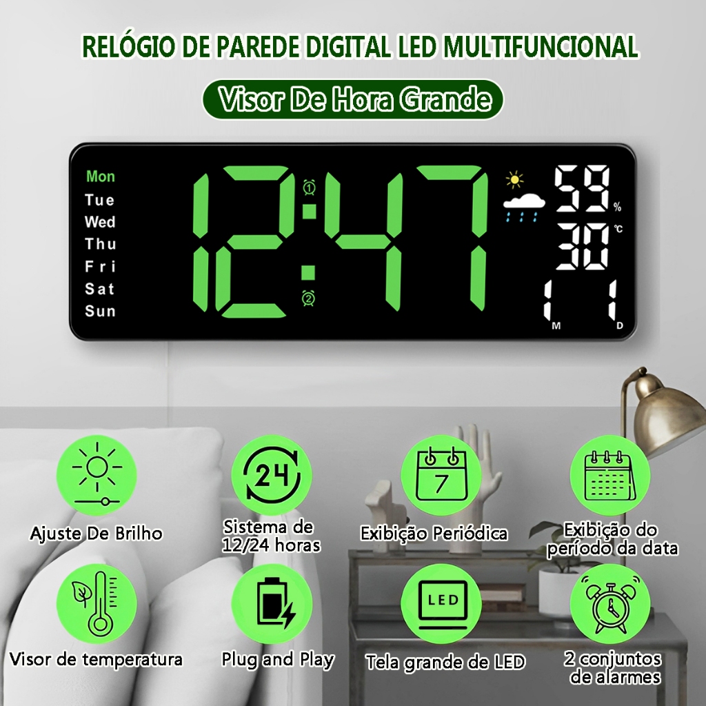 Relógio De Parede Digital Grande Led Quarto Grande Calendário Data Alarme