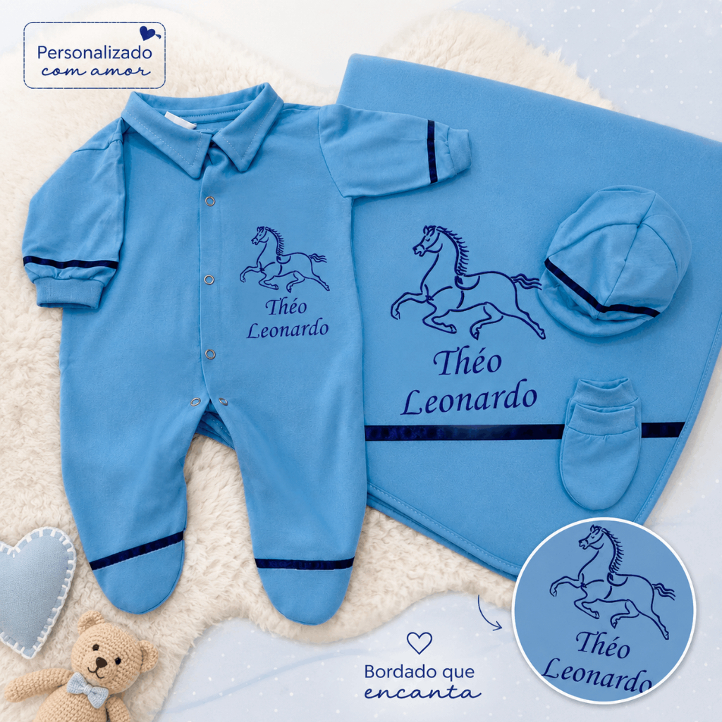Saída Maternidade Bebê Personalizado Nome com detalhe Cetim Bordado Cavalo