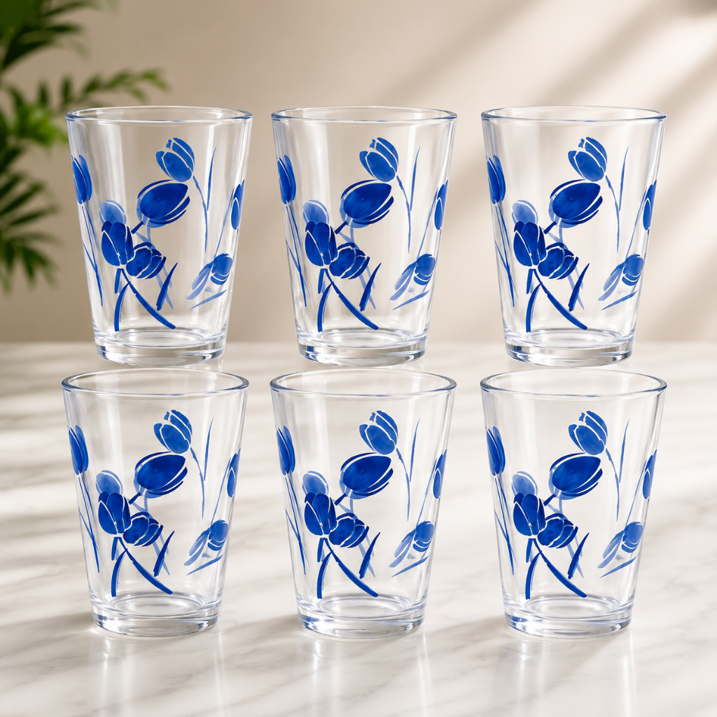 Conjunto de 6 Copos de Vidro Decorados 220ml – Estampas Variadas | Copos para Água, Suco, Refrigerante e Drinks
